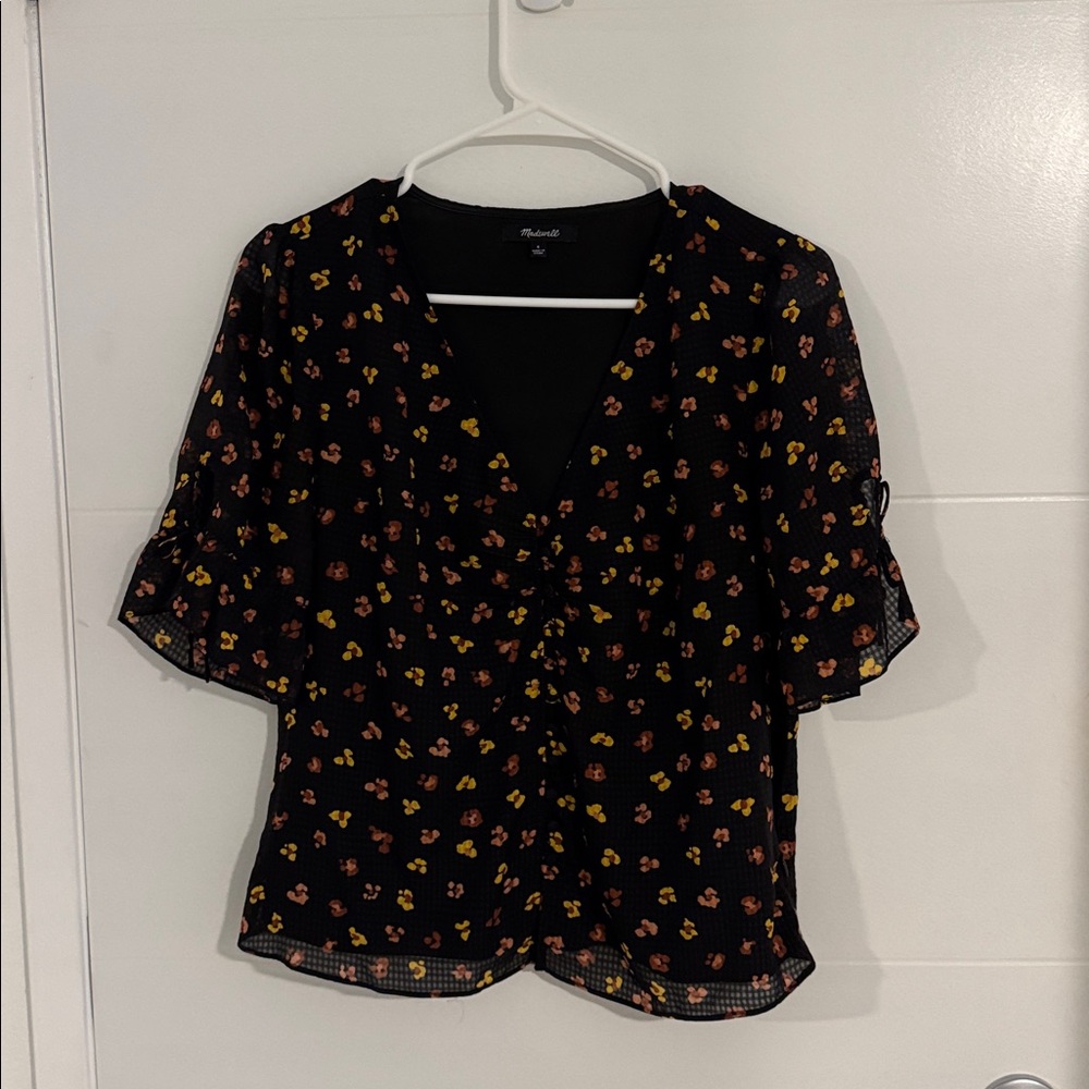 Madewell Floral Black Blouse with Bell Sleeves